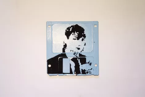 Silkscren of Roni on a 3.5" floppy disk. Contemporary artwork