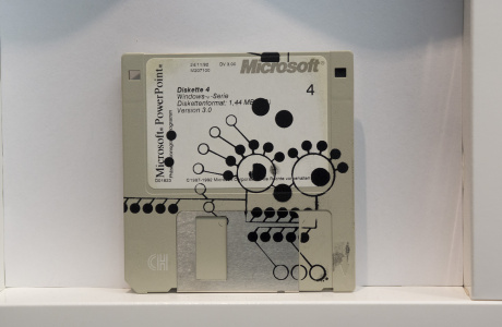 Silkscren of a Funny guy on a 3.5" floppy disk. Contemporary artwork