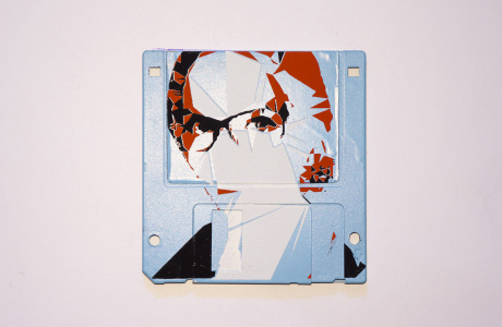 Serigraphy / Silkscreen of Milja on a 3.5" floppy disk. Contemporary artwork. Blue version