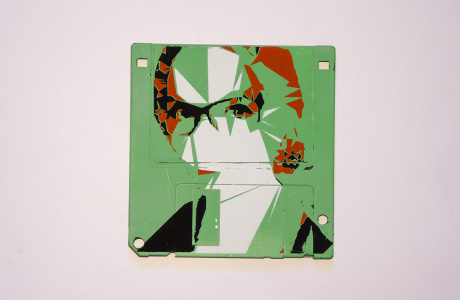 Serigraphy / Silkscreen of Milja on a 3.5" floppy disk. Contemporary artwork. Green version