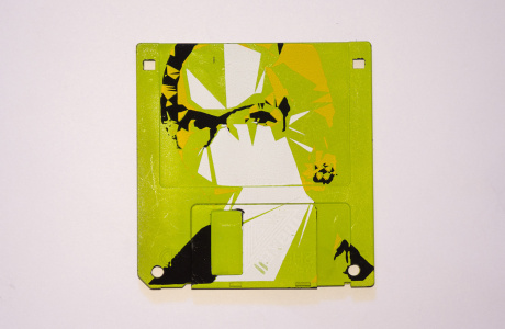 Serigraphy / Silkscreen of Milja on a 3.5" floppy disk. Contemporary artwork. Lemon version