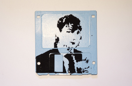 Silkscren of Roni on a 3.5" floppy disk. Contemporary artwork