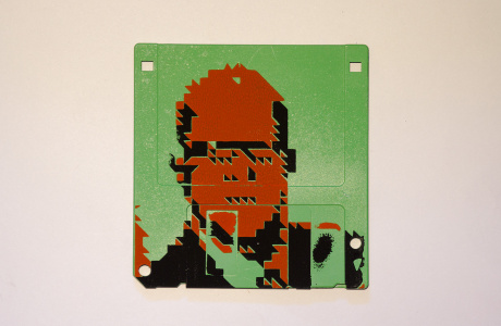 Silkscren of Klaus on a 3.5" floppy disk. Contemporary artwork - dark green version