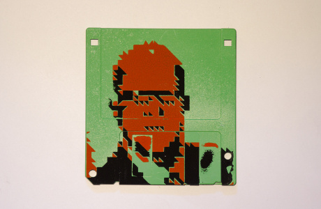 Silkscren of Klaus on a 3.5" floppy disk. Contemporary artwork - dark green version Silkscren of Klaus on a 3.5" floppy disk. Contemporary artwork - dark green version