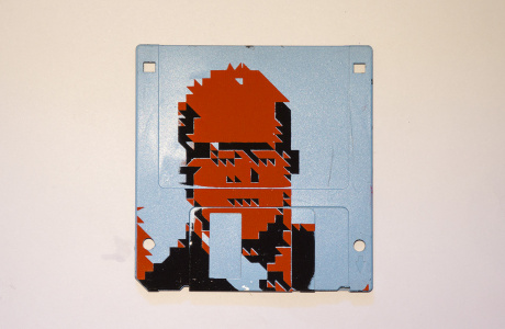 Silkscren of Klaus on a 3.5" floppy disk. Contemporary artwork - blue version