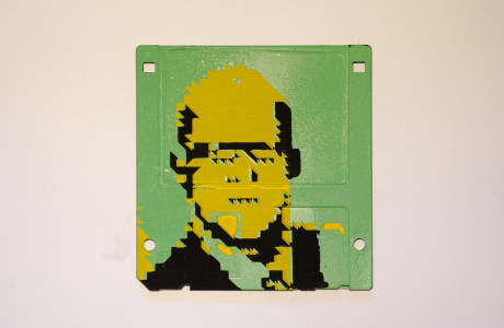 Silkscren of Klaus on a 3.5" floppy disk. Contemporary artwork - yellow version