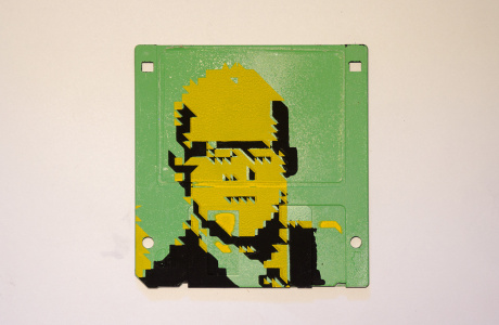 Silkscren of Klaus on a 3.5" floppy disk. Contemporary artwork - yellow version