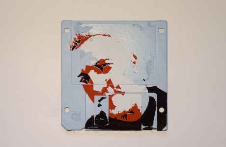 Silkscren of Michi on a 3.5" floppy disk. Contemporary artwork