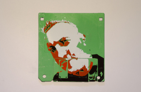 Silkscren of Michi on a 3.5" floppy disk. Contemporary artwork Silkscren of Michi on a 3.5" floppy disk. Contemporary artwork