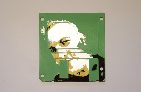 Silkscren of Michi on a 3.5" floppy disk. Contemporary artwork Silkscren of Michi on a 3.5" floppy disk. Contemporary artwork