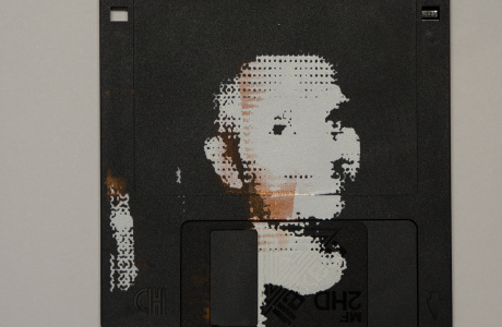silk screened halftone portrait on 3.5" floppy disk 