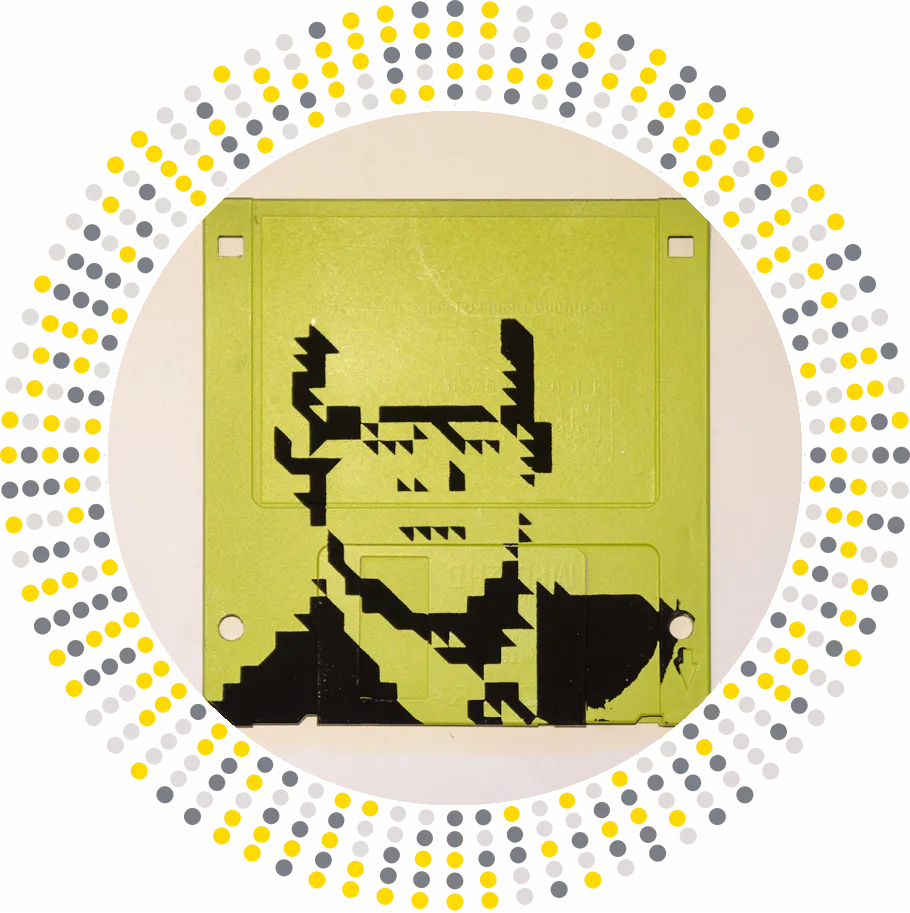 Silkscren of Klaus on a 3.5" floppy disk. Contemporary artwork- light green version