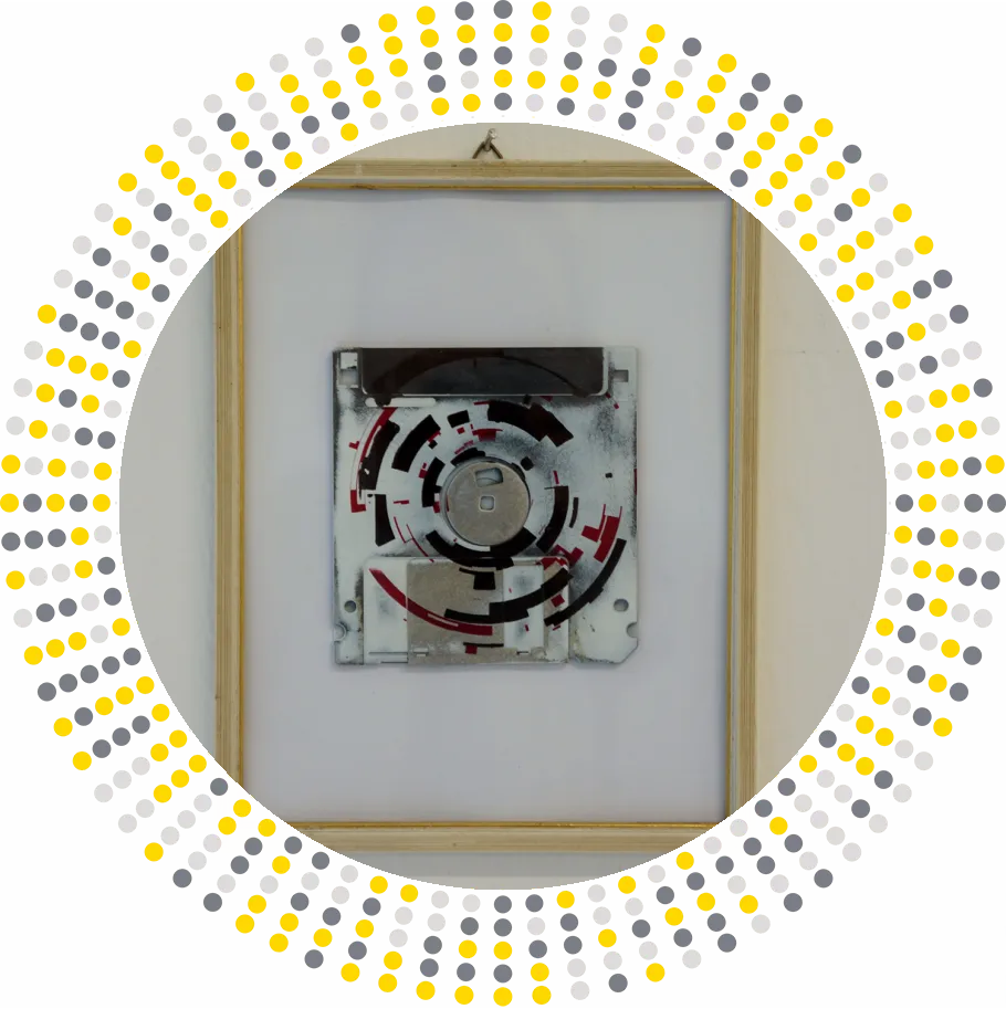the circles, a silk screen on 3.5" floppy disks art