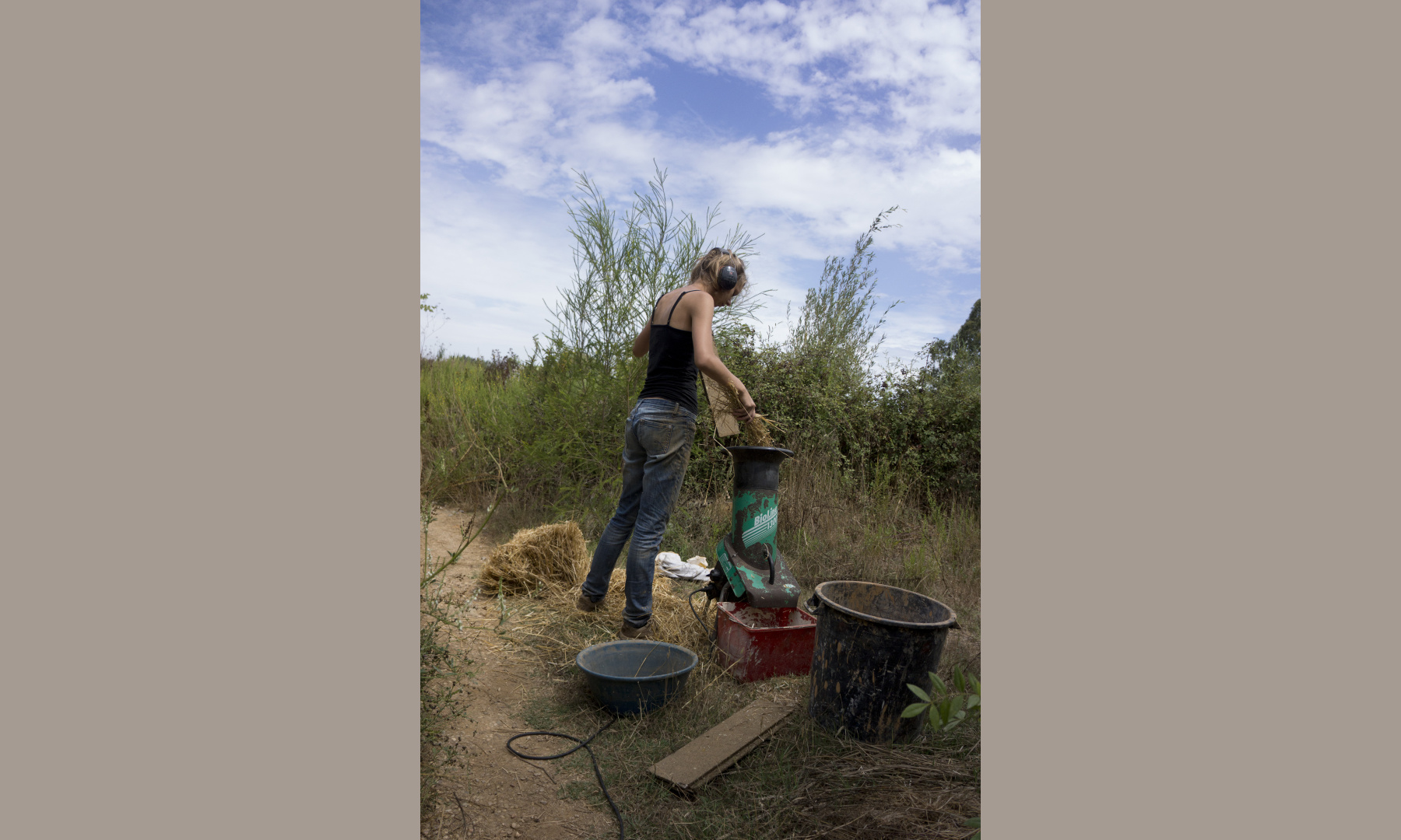 Shredding the straw bale at Tamera, Portugal