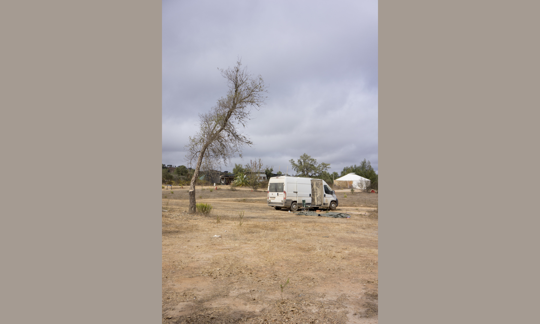 A small transporter besides a tree at an ecovillage