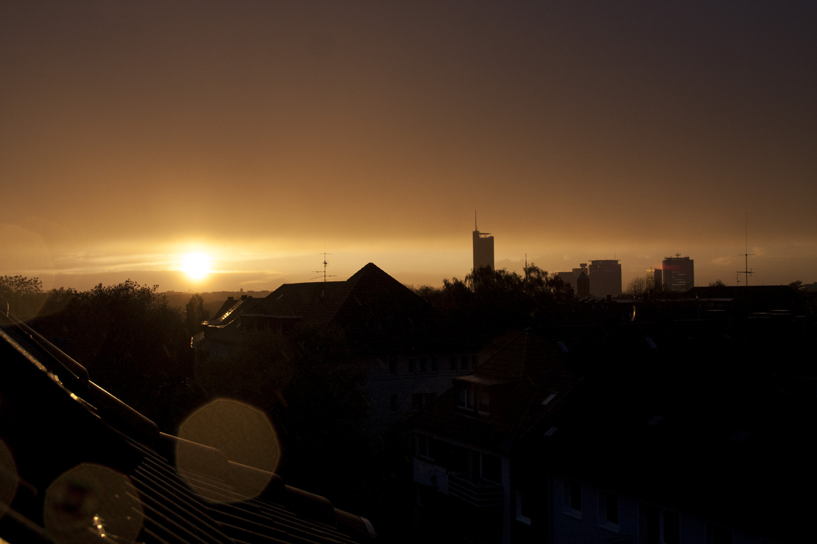 Sundown in Essen showing RWE Tower, Evonic in November, winter