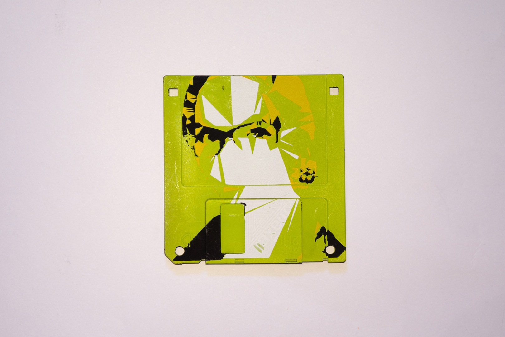Serigraphy / Silkscreen of Milja on a 3.5" floppy disk. Contemporary artwork. Lemon version