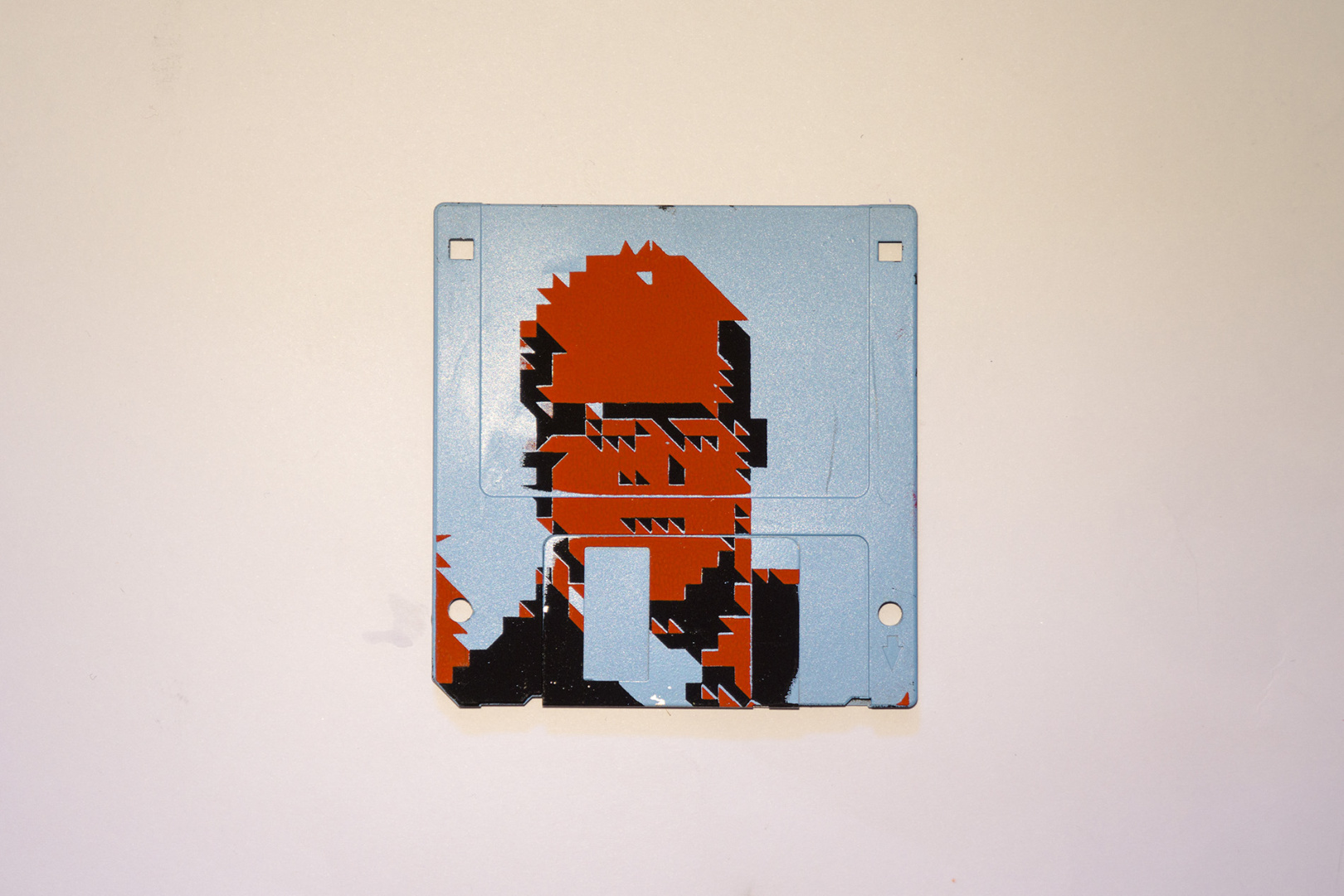 Silkscren of Klaus on a 3.5" floppy disk. Contemporary artwork - blue version