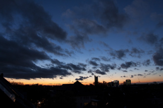 Sundown in Essen showing RWE Tower, Evonic