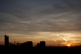Sundown in Essen showing RWE Tower, Evonic