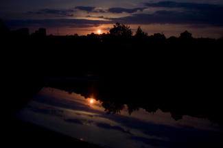 Sundown in Essen showing RWE Tower, Evonic Sundown in Essen showing RWE Tower, Evonic