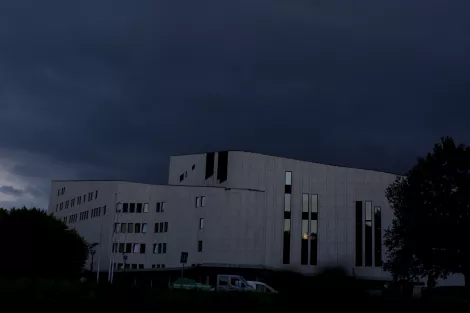 The famous Aalto Theater in Essen, Germany, during a shower
