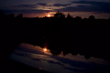 Sundown in Essen showing RWE Tower, Evonic