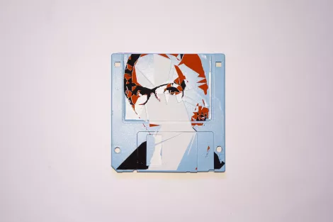 Serigraphy / Silkscreen of Milja on a 3.5" floppy disk. Contemporary artwork. Blue version