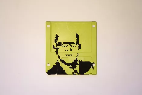 Silkscren of Klaus on a 3.5" floppy disk. Contemporary artwork- light green version