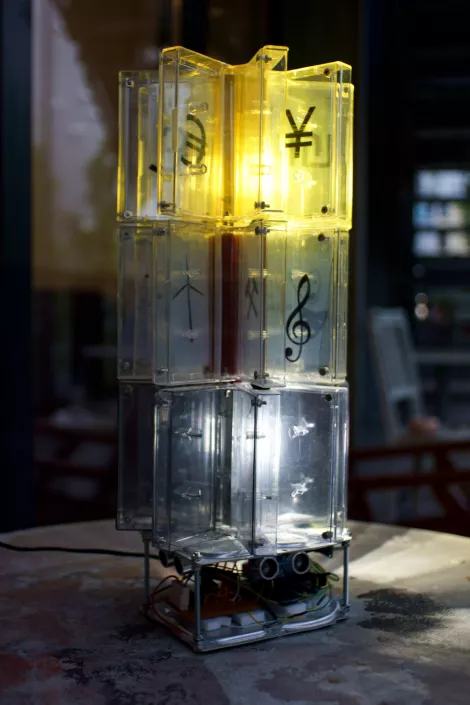 old mc cases made a lamp - interactive sculpture made of abandoned materials