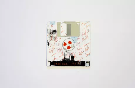 Atomic power, or nuclear power plants, are obsolete - silk screened on 3.5" floppy disk