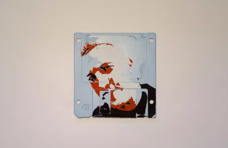 Silkscren of Michi on a 3.5" floppy disk. Contemporary artwork