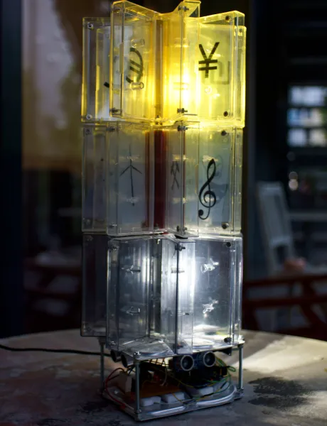 old mc cases made a lamp - interactive sculpture made of abandoned materials